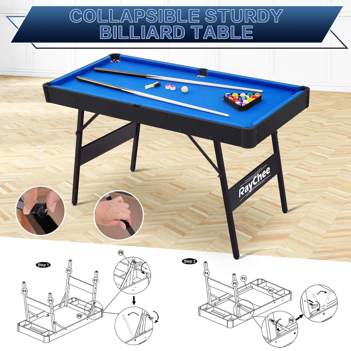 RayChee 54" Folding Pool Billiard Table, Portable Pool Game Table with 2 Cue Sticks, 16 Balls, Triangle for Kids Family