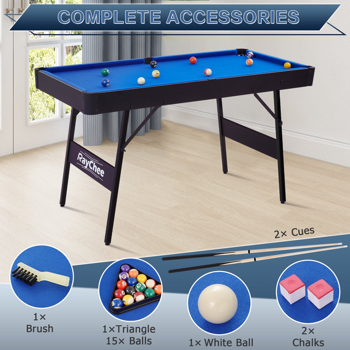 RayChee 54" Folding Pool Billiard Table, Portable Pool Game Table with 2 Cue Sticks, 16 Balls, Triangle for Kids Family