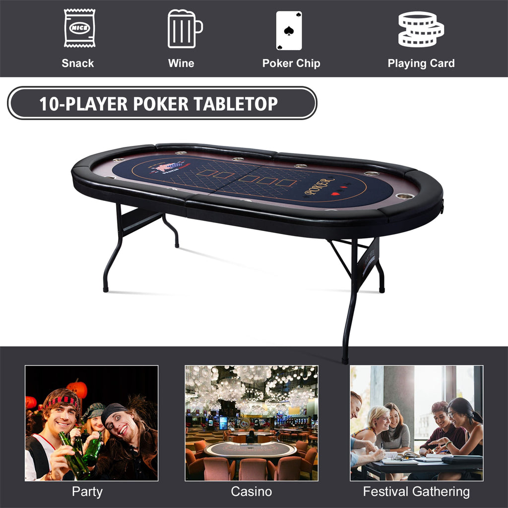 RayChee 86" Folding 10 Player Poker Table, Foldable Texas Holdem Table for Game Room with Padded Rails and Cup Holders, No Assembly Required