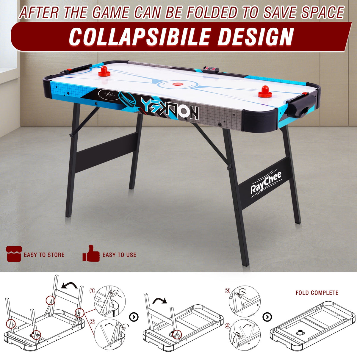 RayChee 56-inch Air Hockey Game Table with 2X Stronger Motor, Digital Scoreboard, and Accessories-Blue for Family