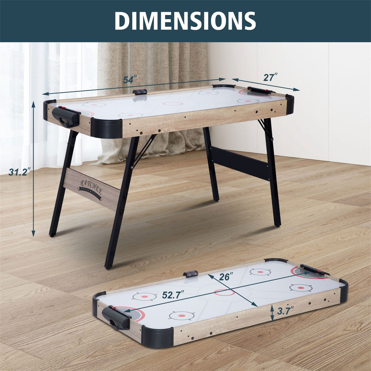 RayChee 54" Folding Air Hockey Table, Hockey Table Gaming Set Electronic scorekeeper w/2 Pucks, 2 Pushers, 12V Motor for Adults and Kids (Oak)