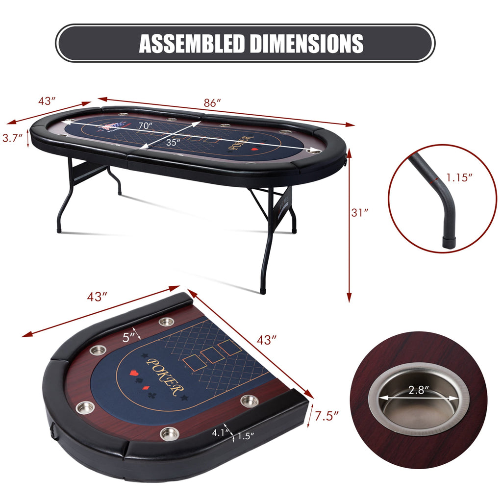 RayChee 86" Folding 10 Player Poker Table, Foldable Texas Holdem Table for Game Room with Padded Rails and Cup Holders, No Assembly Required