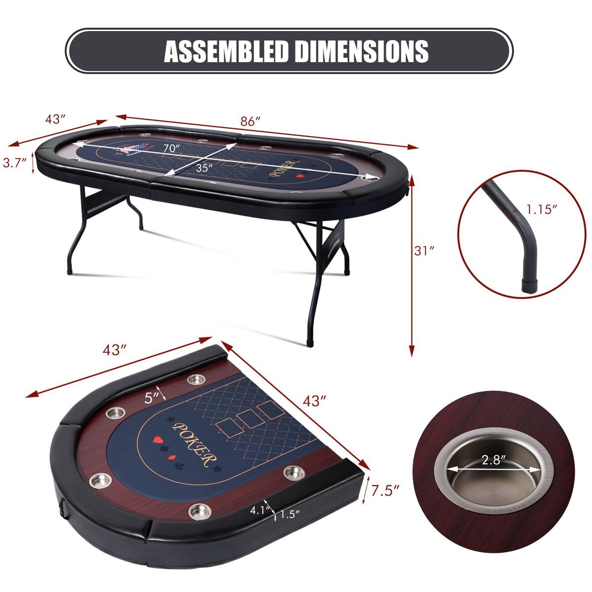 RayChee 86" Folding 10 Player Poker Table, Foldable Texas Holdem Table for Game Room with Padded Rails and Cup Holders, No Assembly Required
