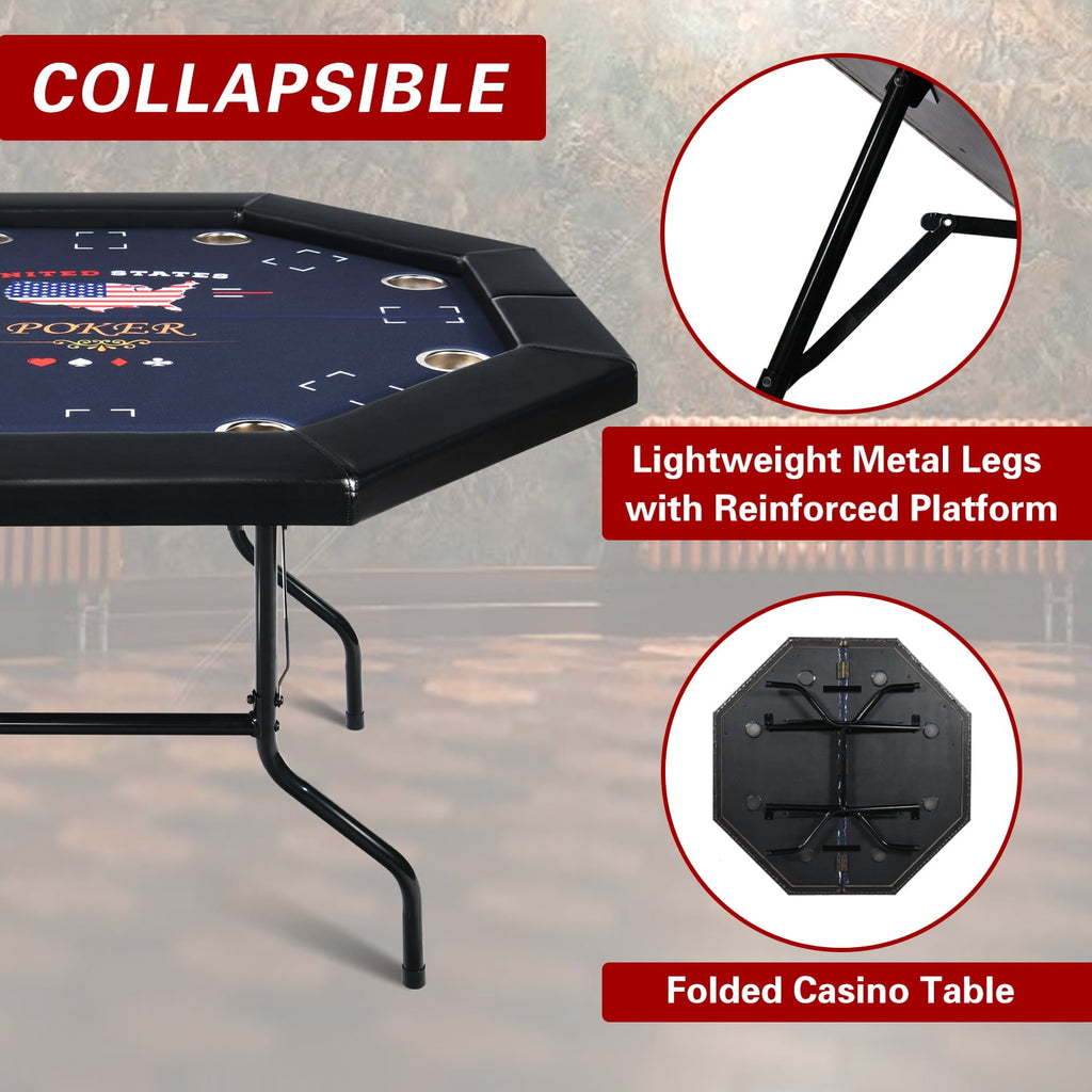 RayChee Poker Table Foldable, 8 Player Octagonal Texas Holdem Table w/Cushioned Rail, Stainless Steel Cup Holders, Casino-Grade Felt Surface (Black)