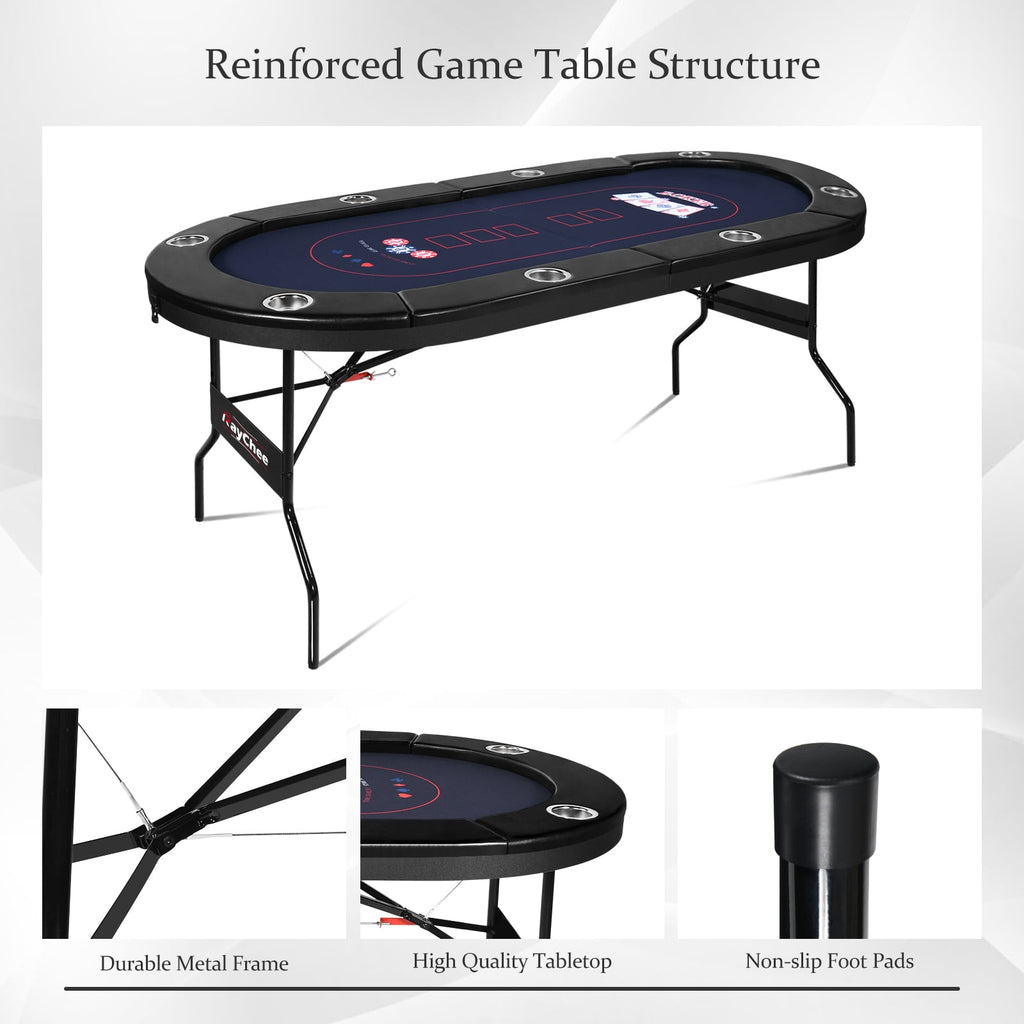 RayChee 8 Player Foldable Poker Table, Folding Texas Holdem Table, Portable Casino Table for Game Room with Padded Rails and Cup Holders (Black, 71 inch)