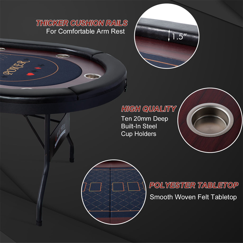 RayChee 86" Folding 10 Player Poker Table, Foldable Texas Holdem Table for Game Room with Padded Rails and Cup Holders, No Assembly Required