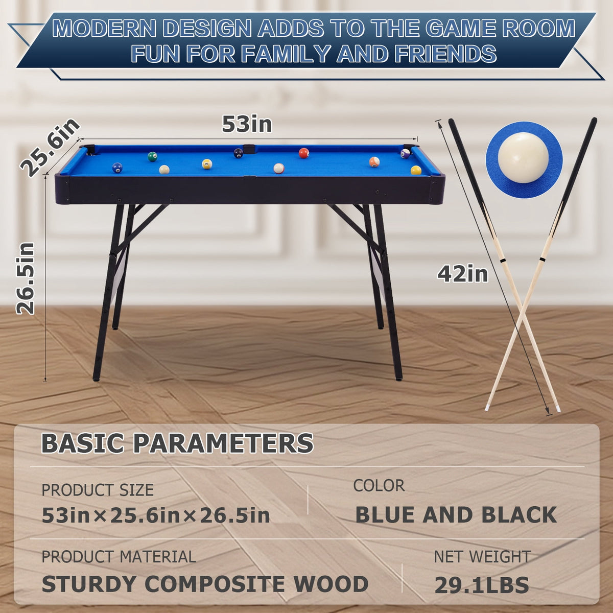RayChee 54" Folding Pool Billiard Table, Portable Pool Game Table with 2 Cue Sticks, 16 Balls, Triangle for Kids Family