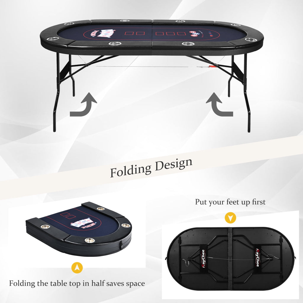 RayChee 8 Player Foldable Poker Table, Folding Texas Holdem Table, Portable Casino Table for Game Room with Padded Rails and Cup Holders (Black, 71 inch)