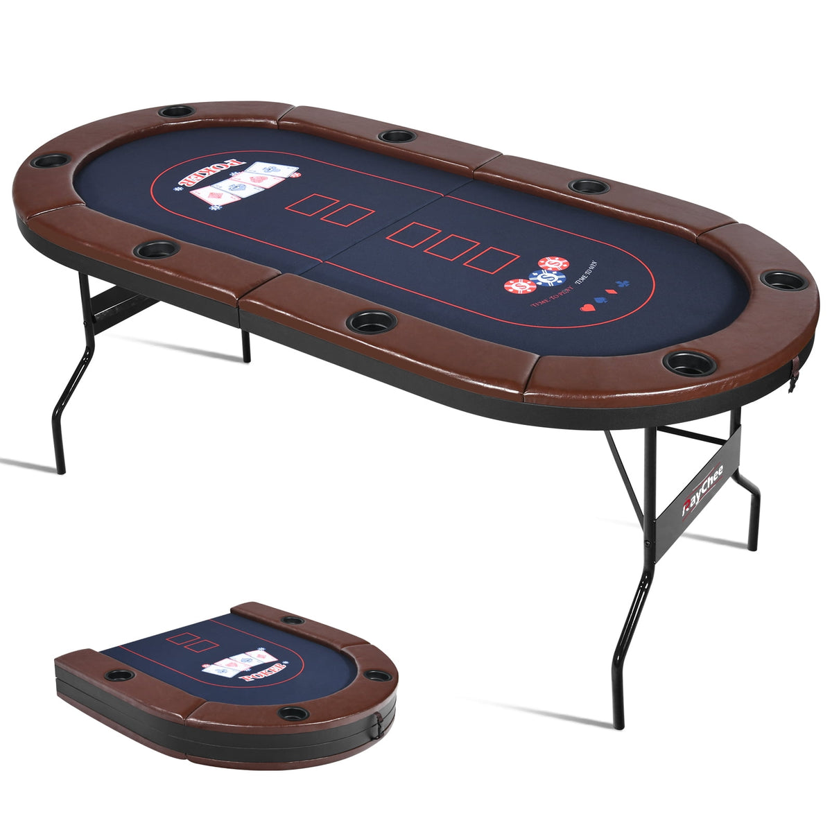 RayChee 8 Player Foldable Poker Table, Folding Texas Holdem Table, Portable Casino Table for Game Room with Padded Rails and Cup Holders (Black, 71 inch)