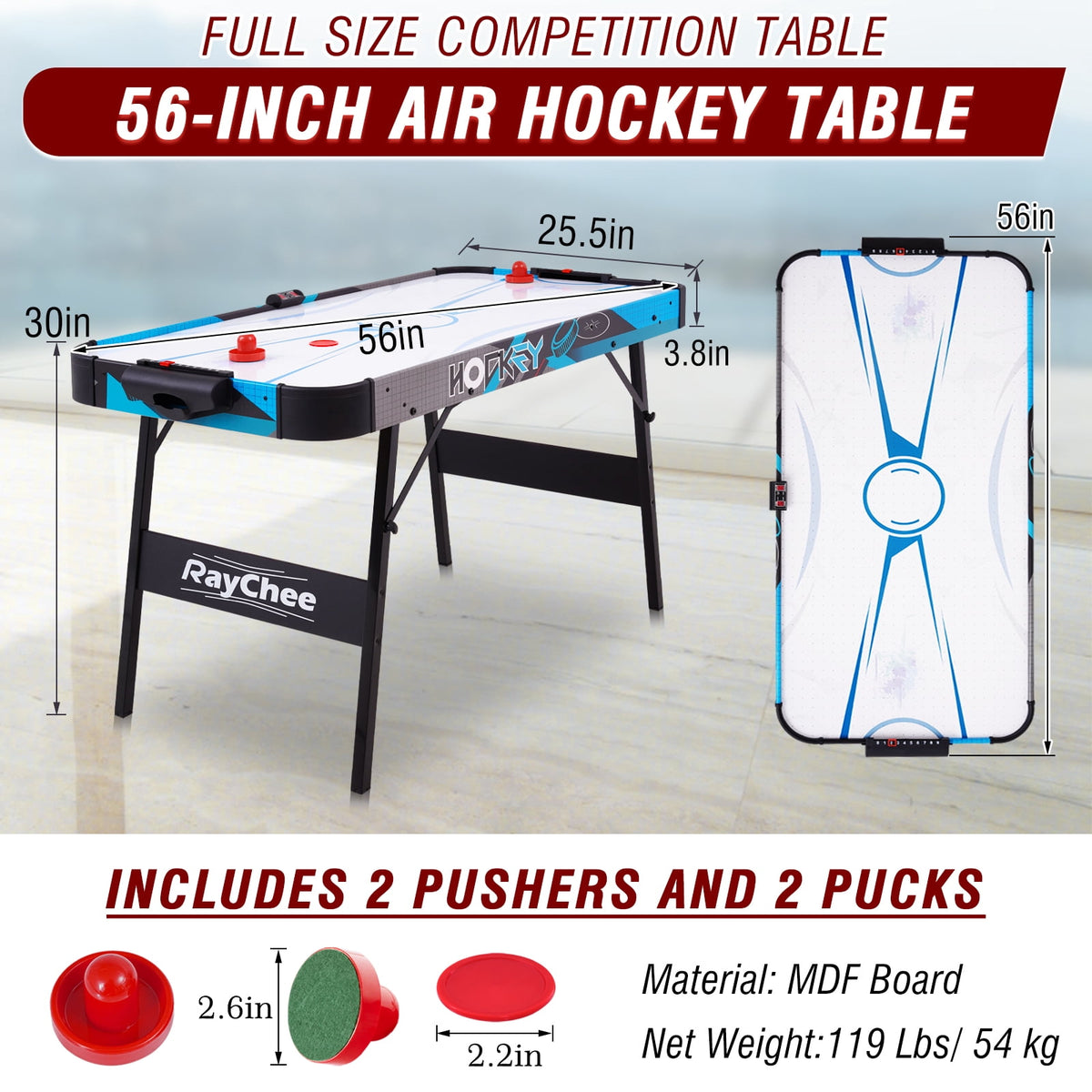 RayChee 56-inch Air Hockey Game Table with 2X Stronger Motor, Digital Scoreboard, and Accessories-Blue for Family