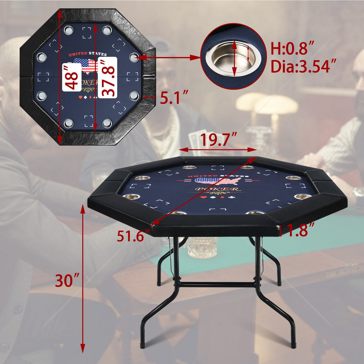 RayChee Poker Table Foldable, 8 Player Octagonal Texas Holdem Table w/Cushioned Rail, Stainless Steel Cup Holders, Casino-Grade Felt Surface (Black)