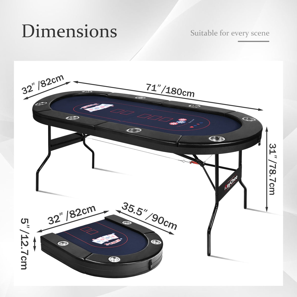 RayChee 8 Player Foldable Poker Table, Folding Texas Holdem Table, Portable Casino Table for Game Room with Padded Rails and Cup Holders (Black, 71 inch)