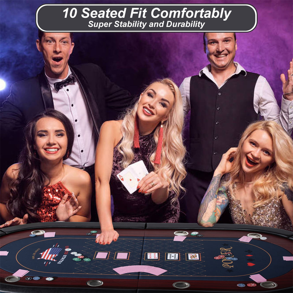 RayChee 86" Folding 10 Player Poker Table, Foldable Texas Holdem Table for Game Room with Padded Rails and Cup Holders, No Assembly Required