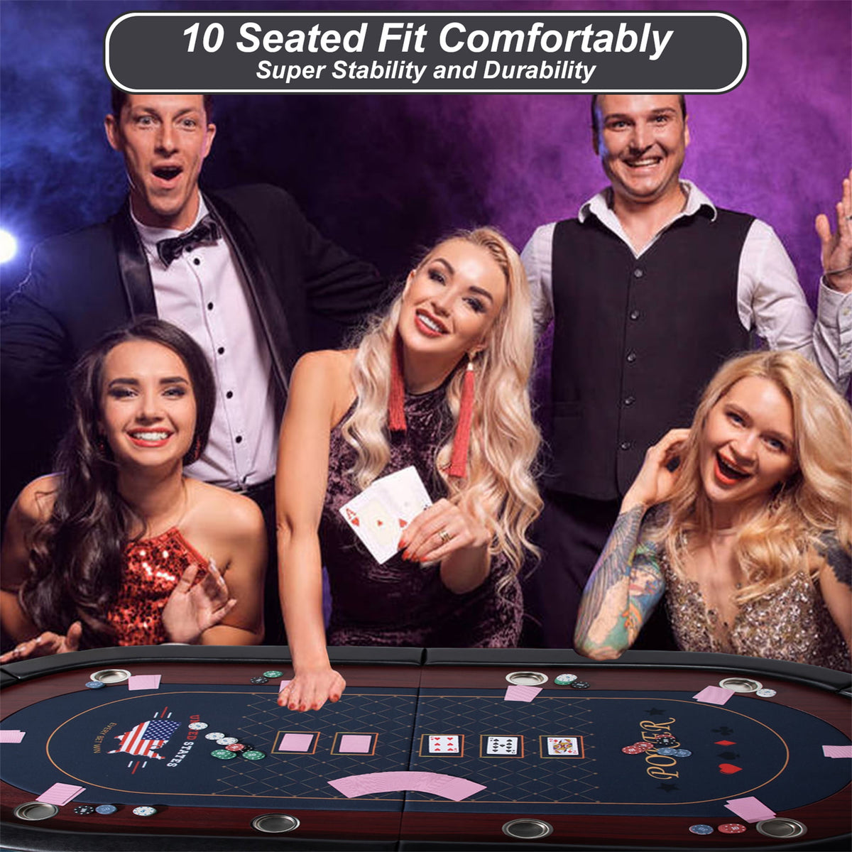 RayChee 86" Folding 10 Player Poker Table, Foldable Texas Holdem Table for Game Room with Padded Rails and Cup Holders, No Assembly Required