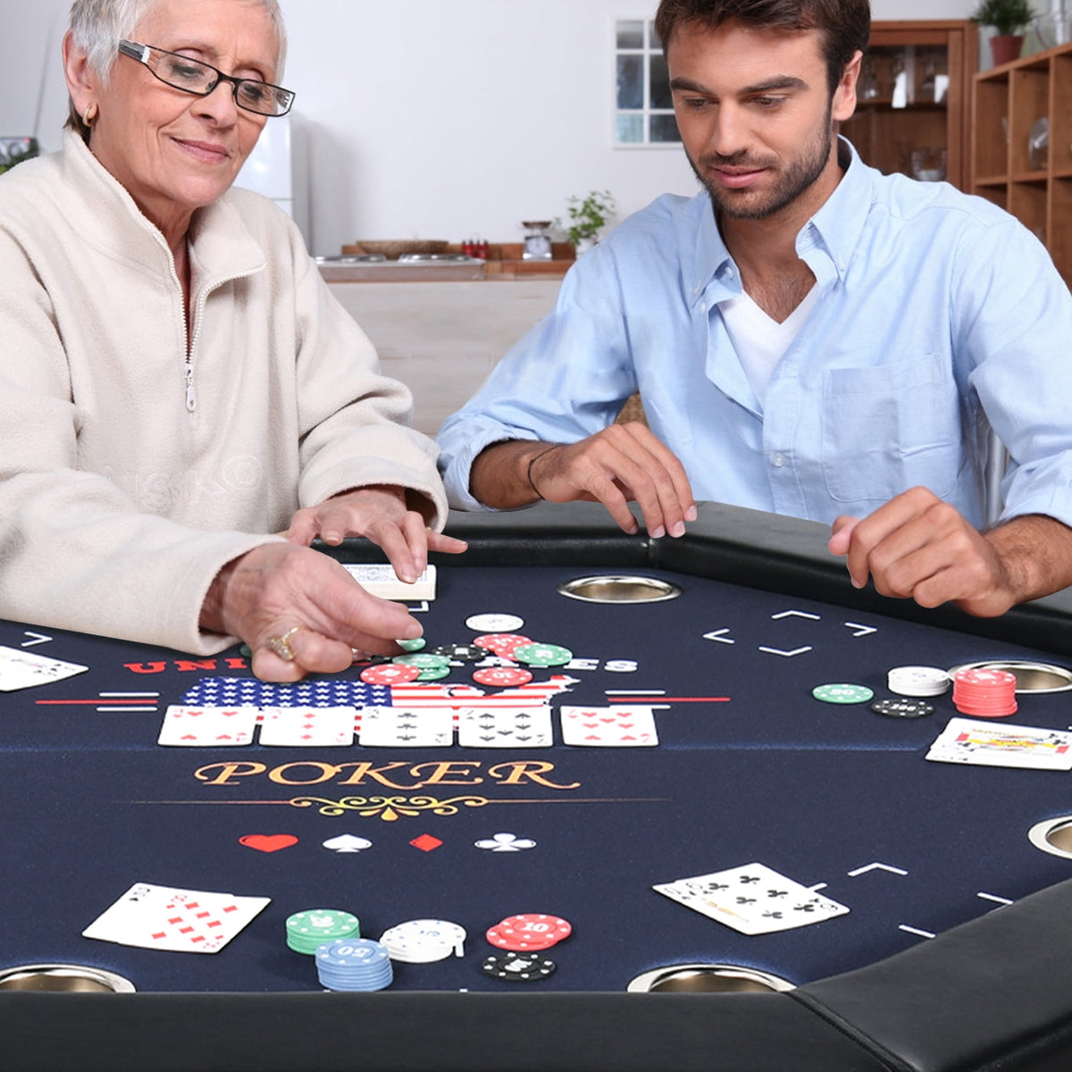 RayChee Poker Table Foldable, 8 Player Octagonal Texas Holdem Table w/Cushioned Rail, Stainless Steel Cup Holders, Casino-Grade Felt Surface (Black)