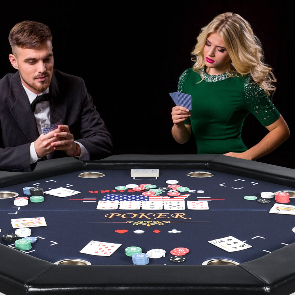 RayChee Poker Table Foldable, 8 Player Octagonal Texas Holdem Table w/Cushioned Rail, Stainless Steel Cup Holders, Casino-Grade Felt Surface (Black)
