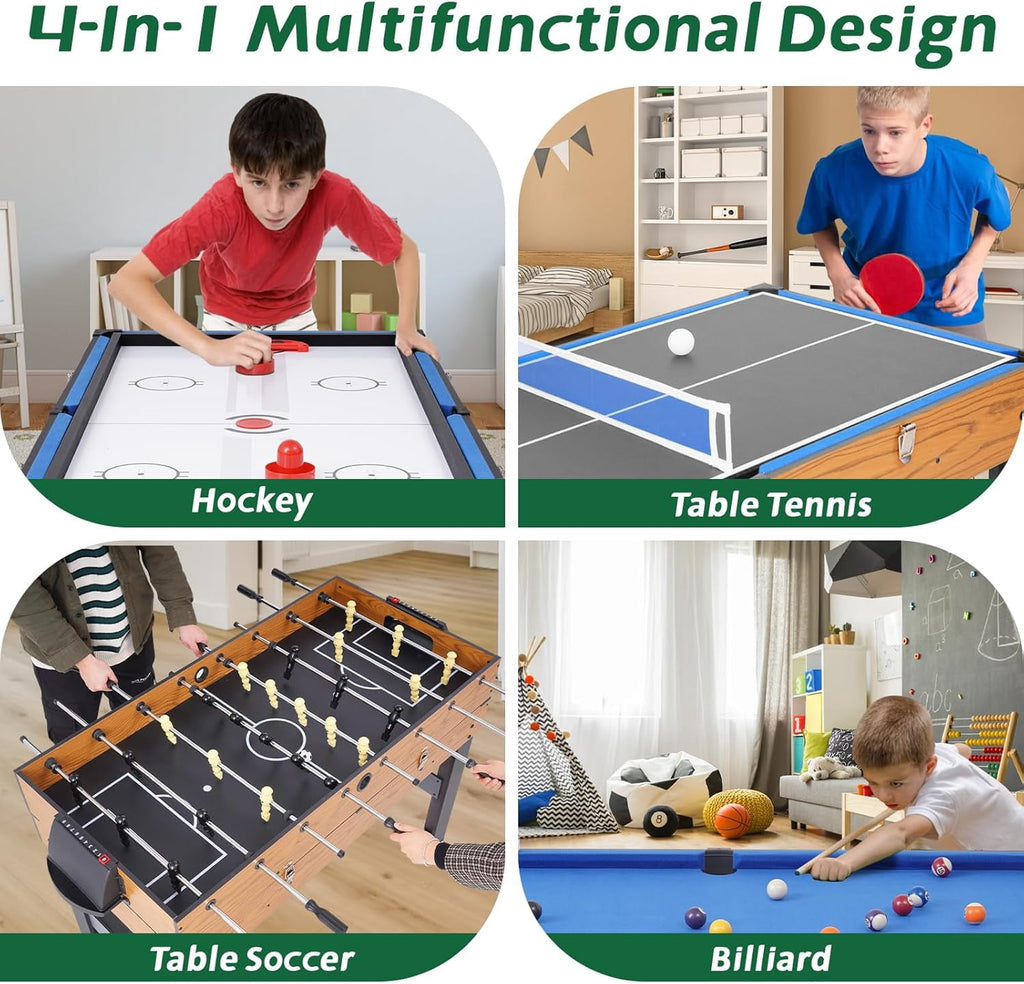 54" 4-in-1 Multi Game Table, Combination Game Table Set for Adults and Kids, Combo Games Table for Home, Game Room w/Soccer, Billiards Tabletop, Table Tennis, Hockey Tabletop