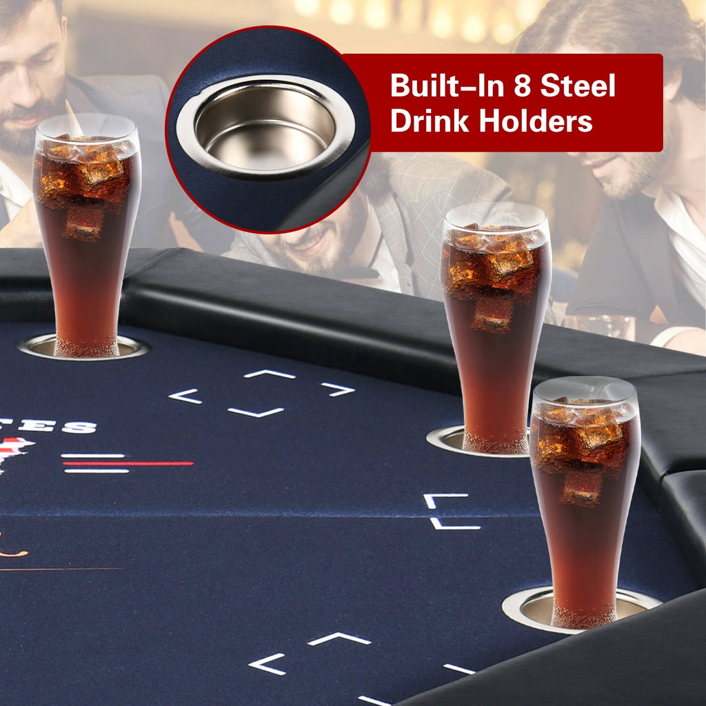 RayChee Poker Table Foldable, 8 Player Octagonal Texas Holdem Table w/Cushioned Rail, Stainless Steel Cup Holders, Casino-Grade Felt Surface (Black)