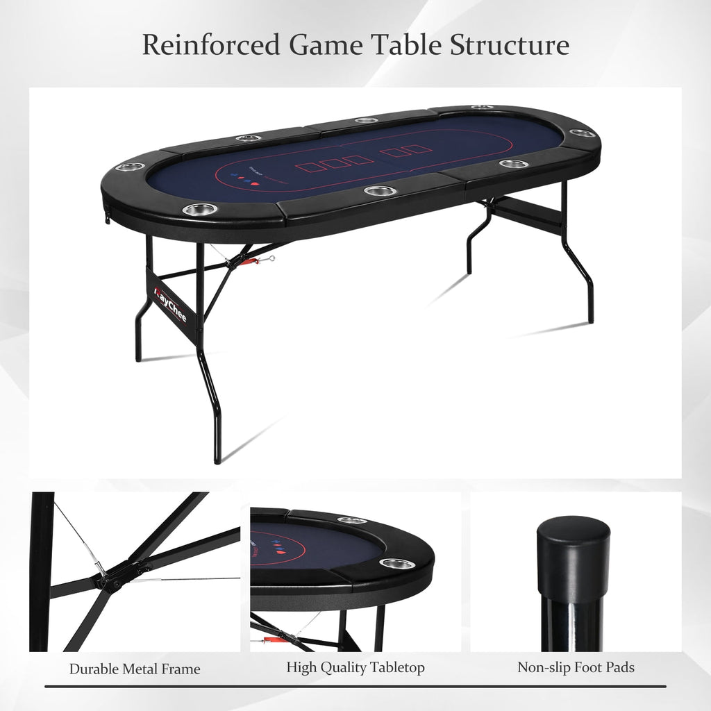 RayChee 8 Player Foldable Poker Table, Folding Texas Holdem Table, Portable Casino Table for Game Room with Padded Rails and Cup Holders (Black, 71 inch)