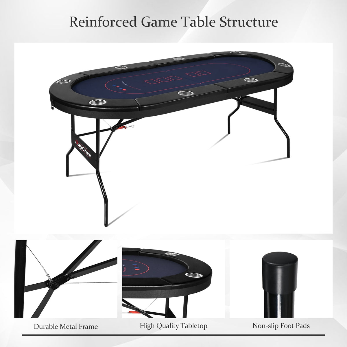 RayChee 8 Player Foldable Poker Table, Folding Texas Holdem Table, Portable Casino Table for Game Room with Padded Rails and Cup Holders (Black, 71 inch)